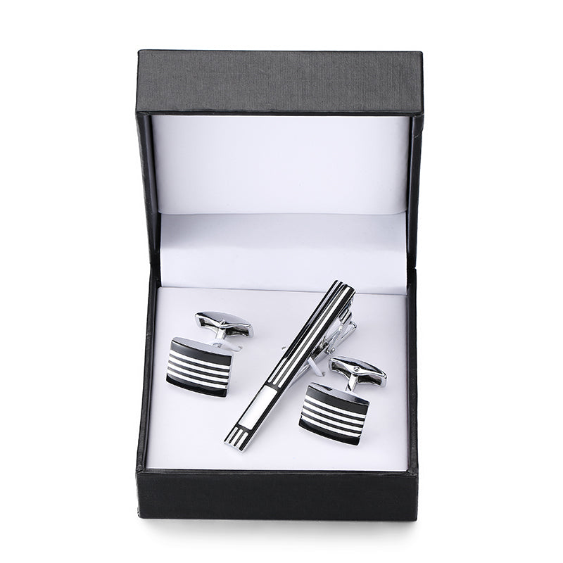 Tie clip cufflink box set square brushed enamel striped cross design men's French shirt cufflinks business suit tie clip gift