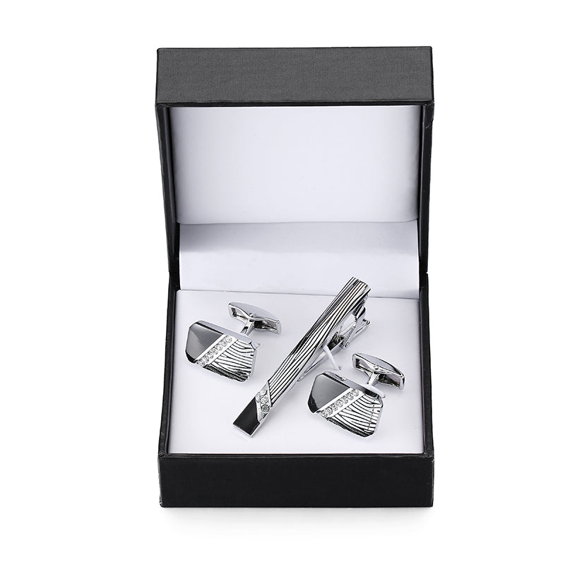 Tie clip cufflink box set square brushed enamel striped cross design men's French shirt cufflinks business suit tie clip gift