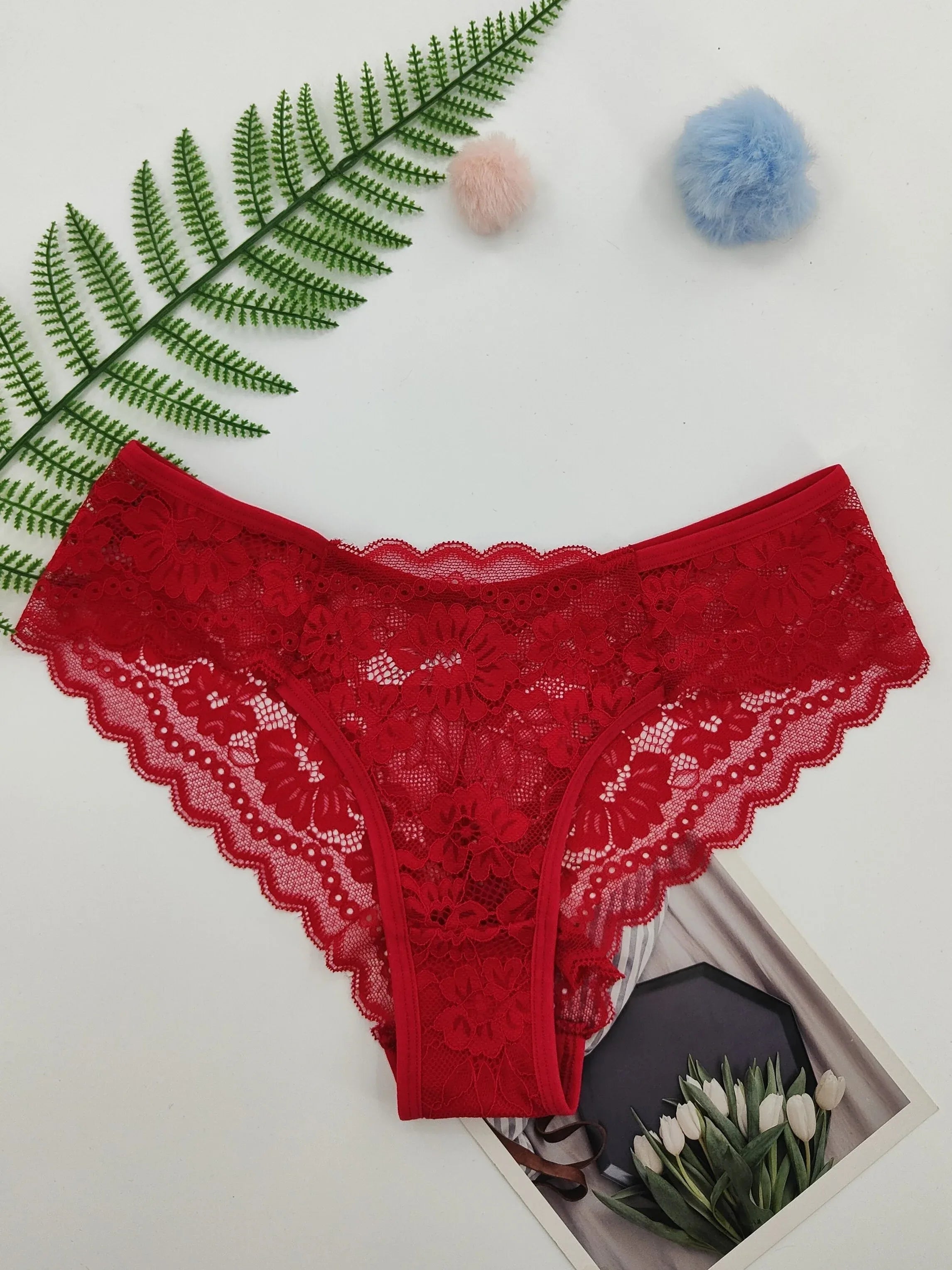4 Pcs Women's Elegant Sheer Jacquard Lace Bikini Panties, Mid Stretch Low Waist Panties, Women's Lingerie & Underwear - Luvia