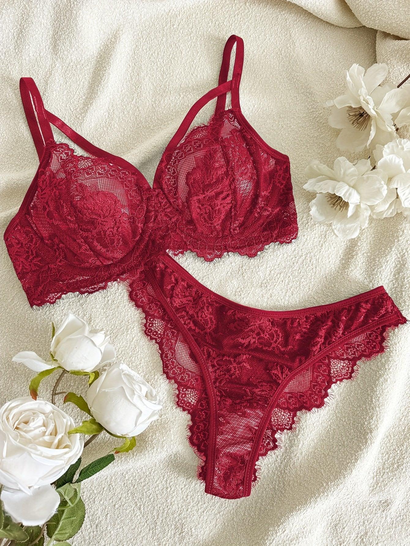Sexy Lingerie Set, Floral Eyelash Lace Semi Sheer Underwire Bra & Briefs, Women's Lingerie & Underwear - Luvia