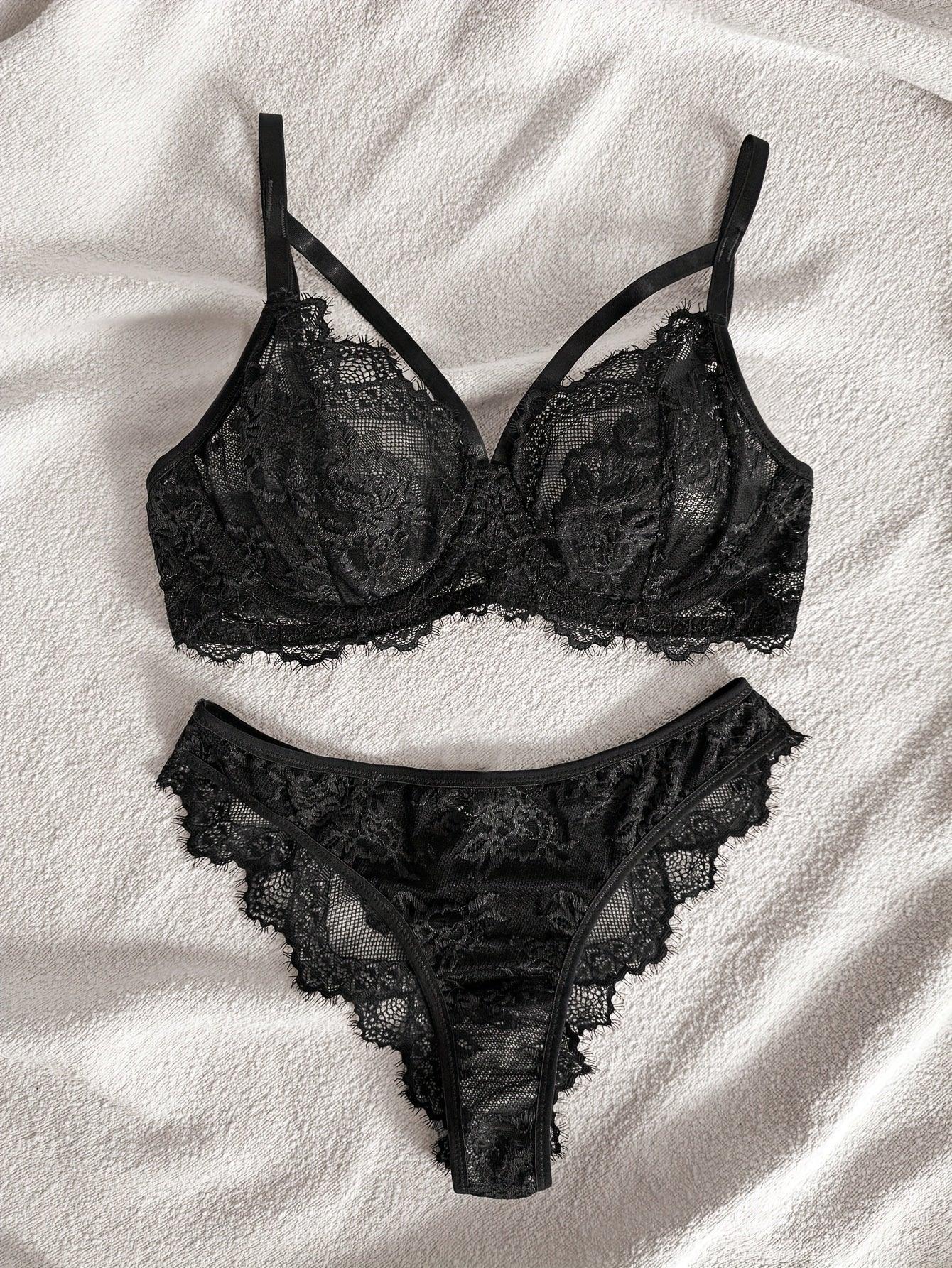 Sexy Lingerie Set, Floral Eyelash Lace Semi Sheer Underwire Bra & Briefs, Women's Lingerie & Underwear - Luvia