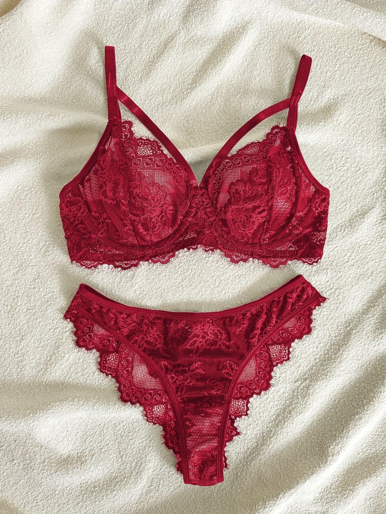 Sexy Lingerie Set, Floral Eyelash Lace Semi Sheer Underwire Bra & Briefs, Women's Lingerie & Underwear - Luvia