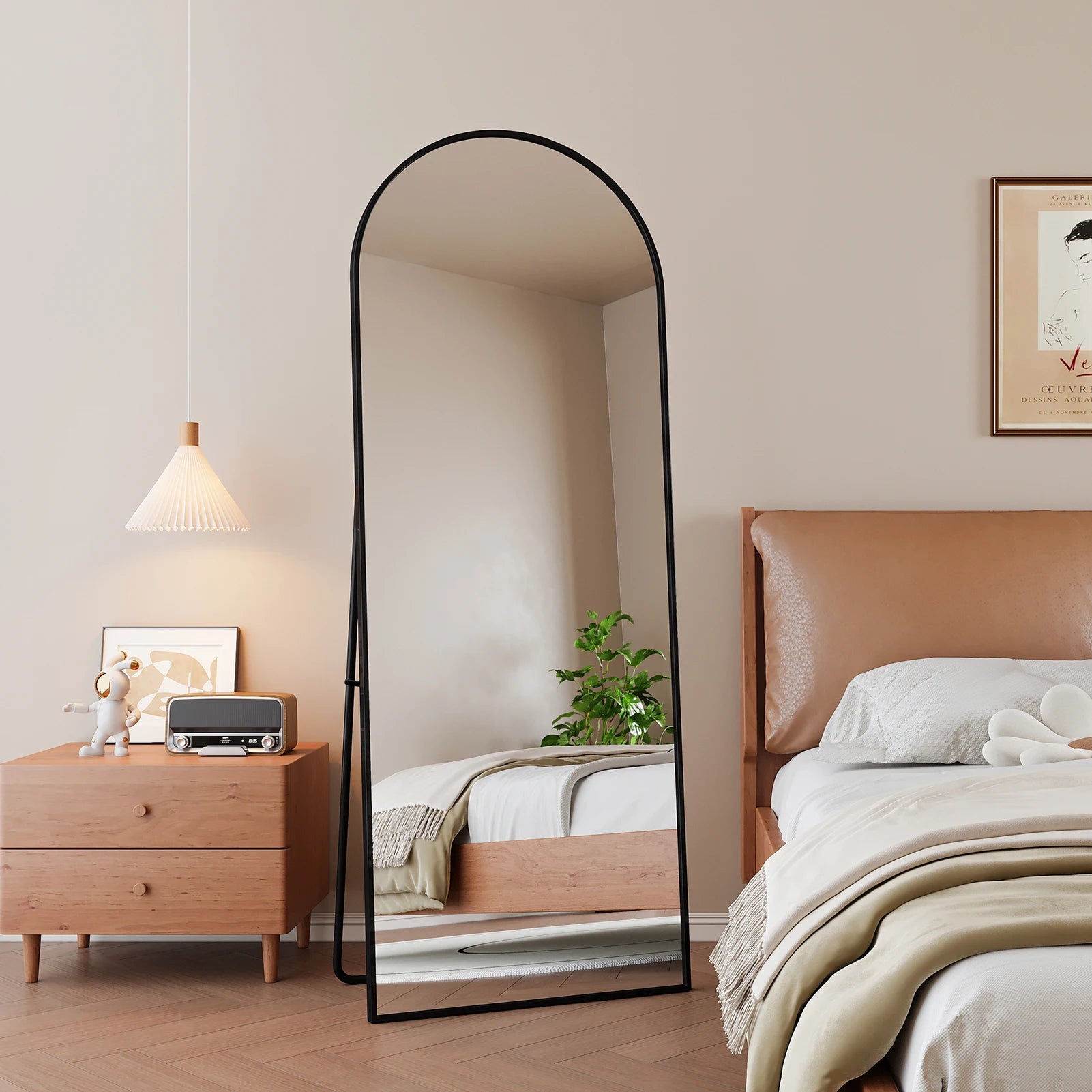Anajqaqia 162x53cm Vertical Floor Mirror, Aluminum Frame Tempered Glass Curved Mirror for Living Room, Bedroom, Black