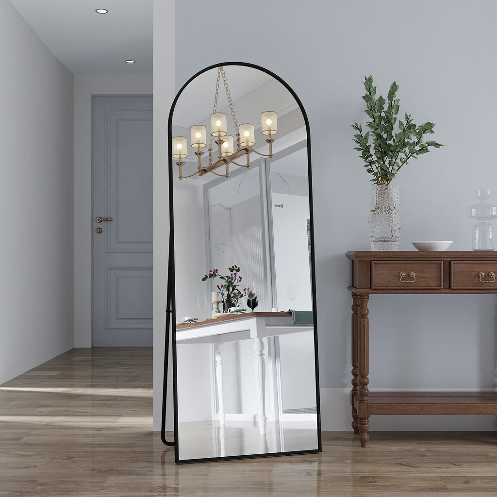 Anajqaqia 162x53cm Vertical Floor Mirror, Aluminum Frame Tempered Glass Curved Mirror for Living Room, Bedroom, Black