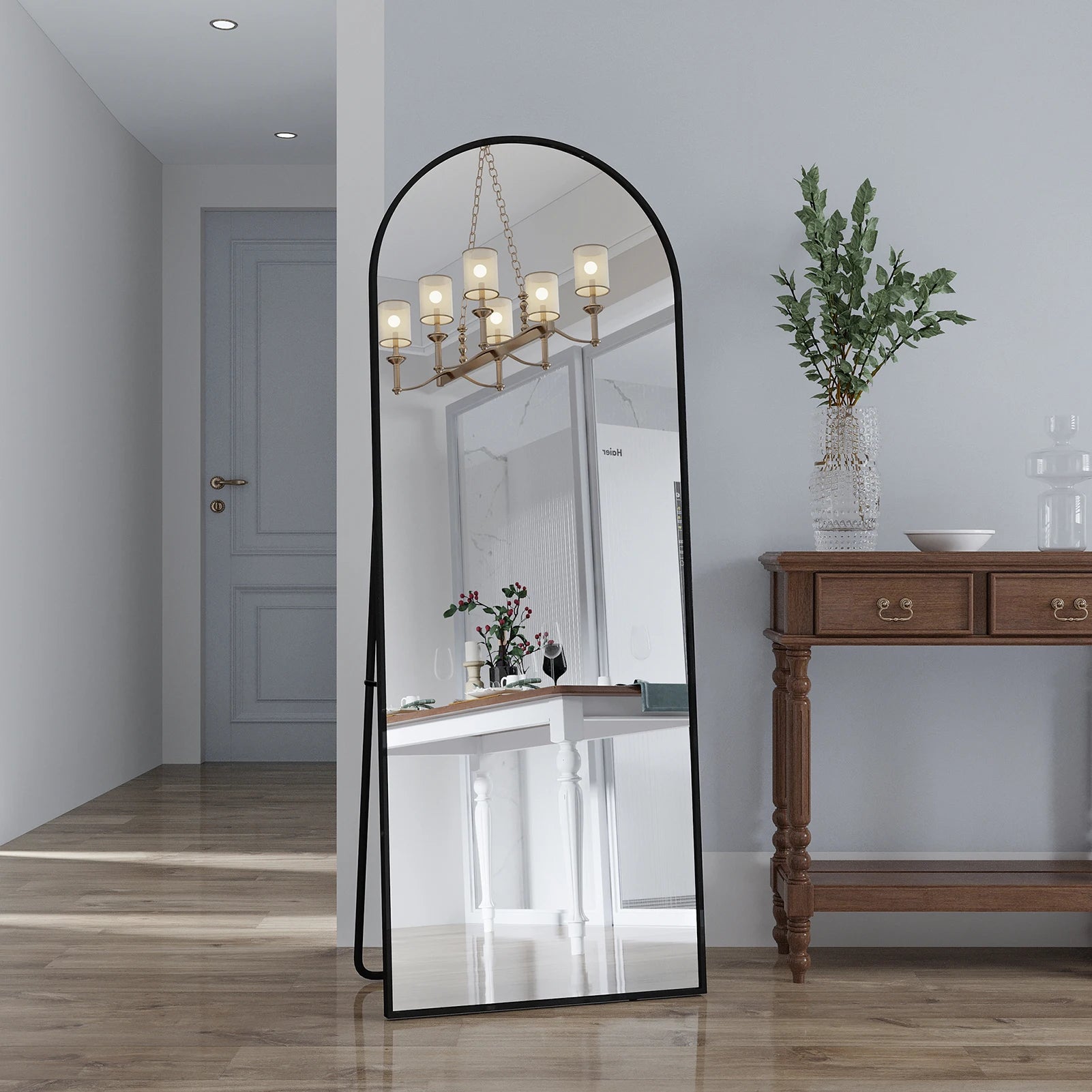 Anajqaqia 162x53cm Vertical Floor Mirror, Aluminum Frame Tempered Glass Curved Mirror for Living Room, Bedroom, Black