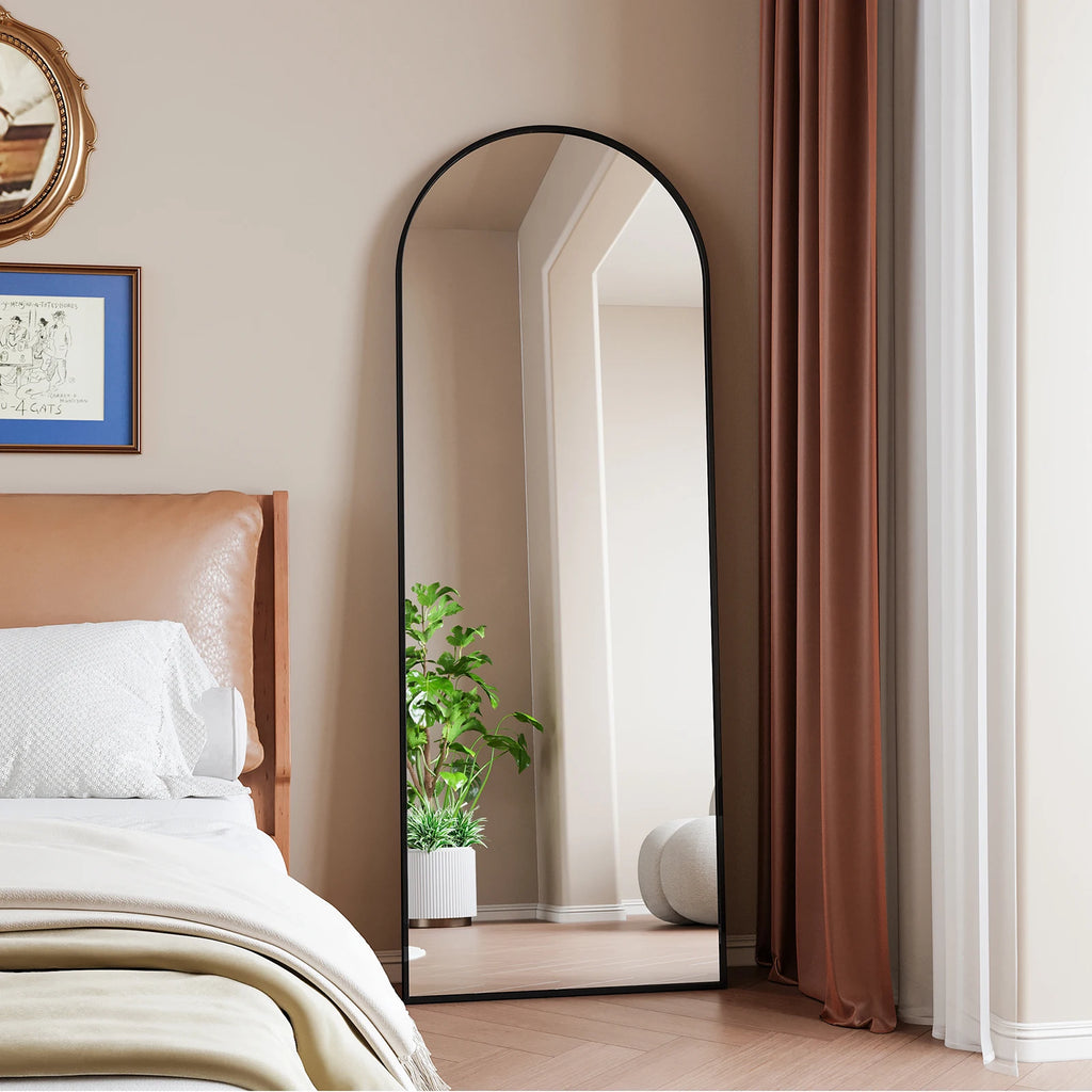 Anajqaqia 162x53cm Vertical Floor Mirror, Aluminum Frame Tempered Glass Curved Mirror for Living Room, Bedroom, Black