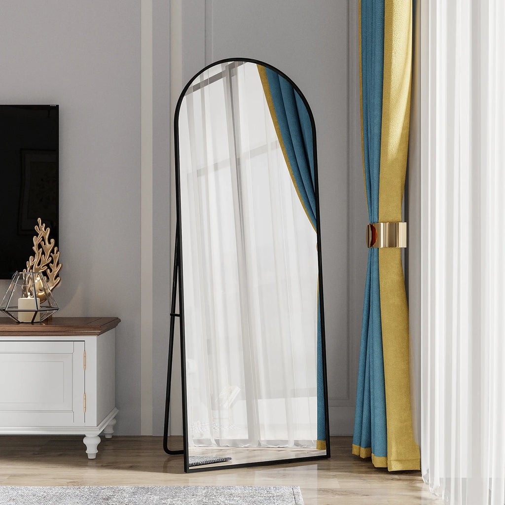 Anajqaqia 162x53cm Vertical Floor Mirror, Aluminum Frame Tempered Glass Curved Mirror for Living Room, Bedroom, Black