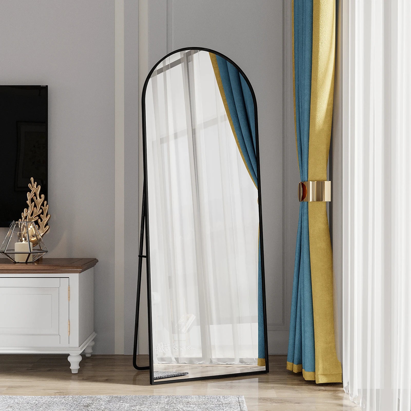 Anajqaqia 162x53cm Vertical Floor Mirror, Aluminum Frame Tempered Glass Curved Mirror for Living Room, Bedroom, Black