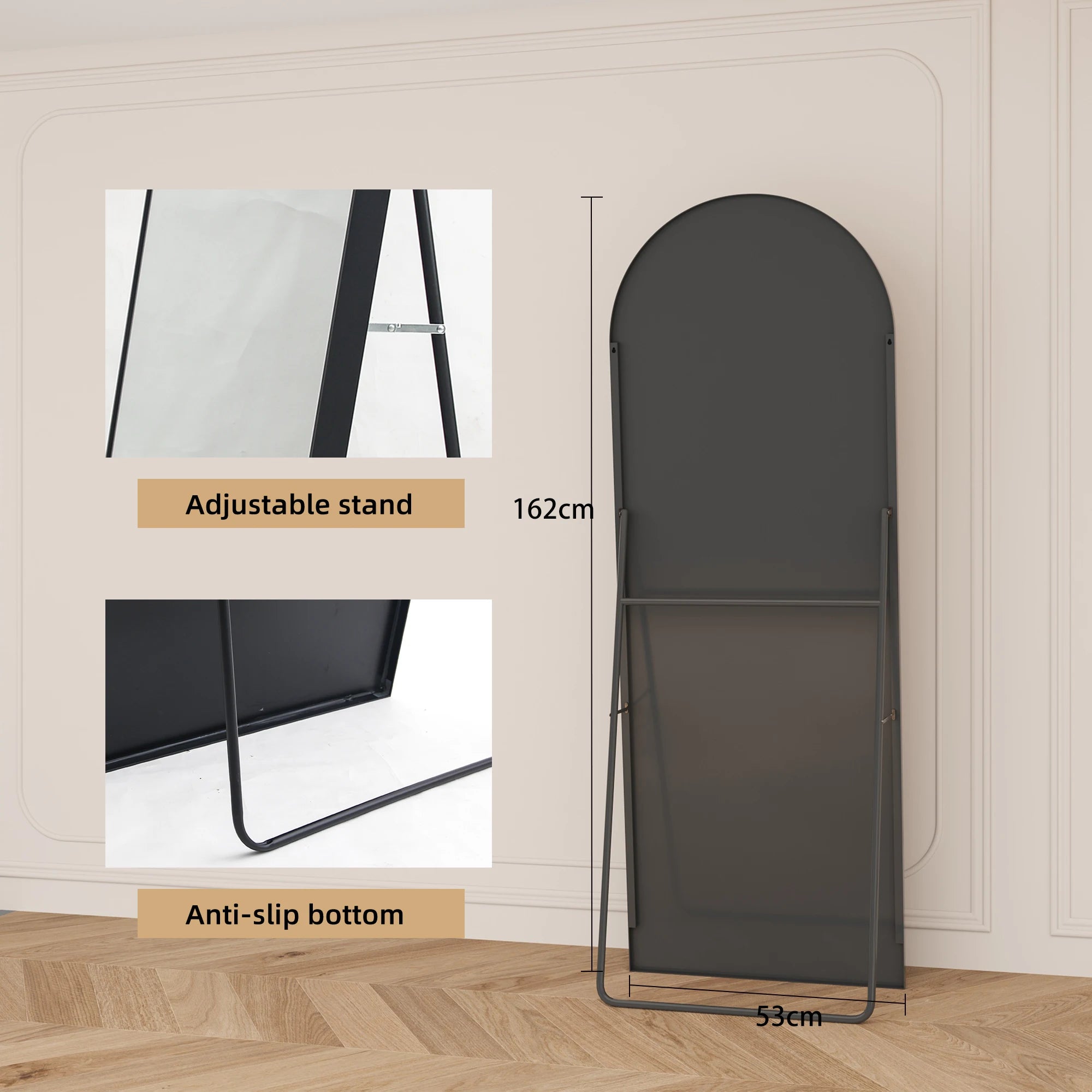 Anajqaqia 162x53cm Vertical Floor Mirror, Aluminum Frame Tempered Glass Curved Mirror for Living Room, Bedroom, Black