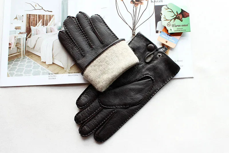 Deerskin Gloves Men's Touch Screen High-Quality Leather 2025 New Hand-Stitched Thin Wool Lining Keeps Warm in Autumn and Winter - Luvia