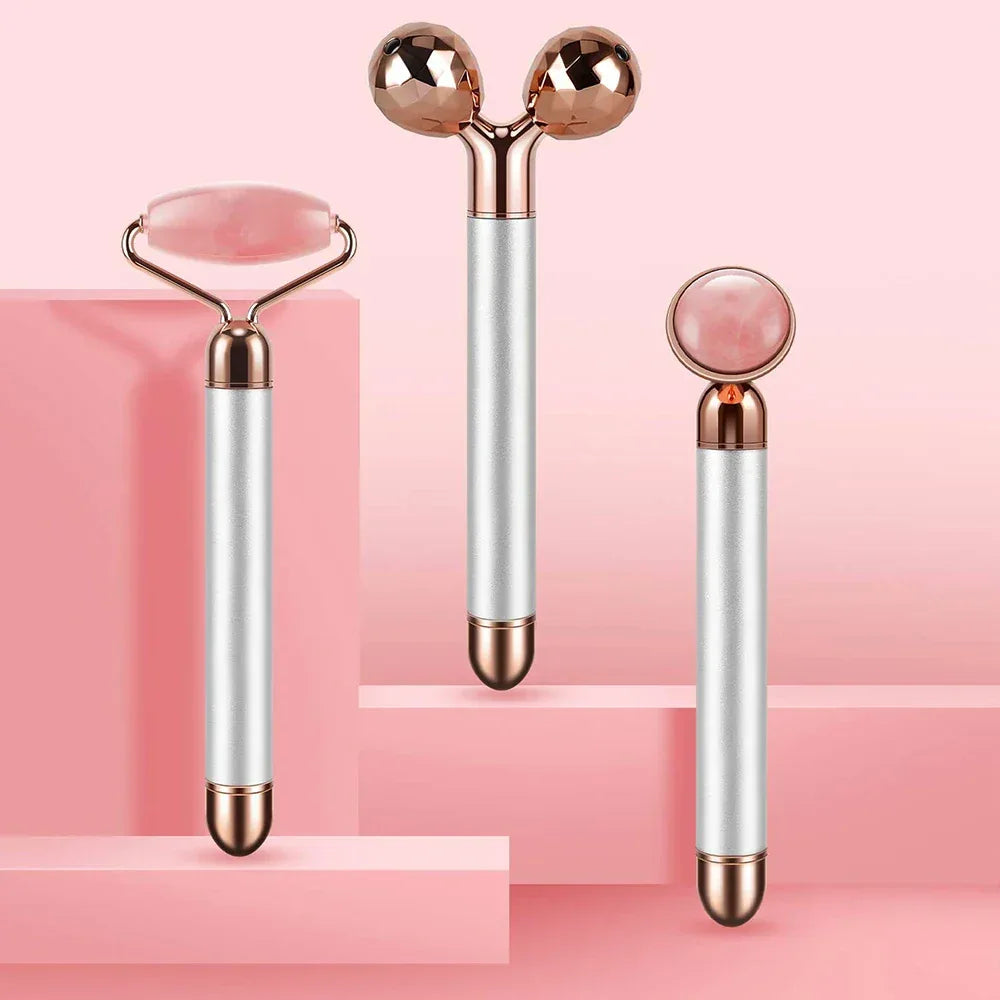 3-in-1 Electric Rose Quartz Jade Roller and Face Massager Set Face Care Tools Eye Massager and 3D Face, Head, Arms,Neck Massager - Luvia