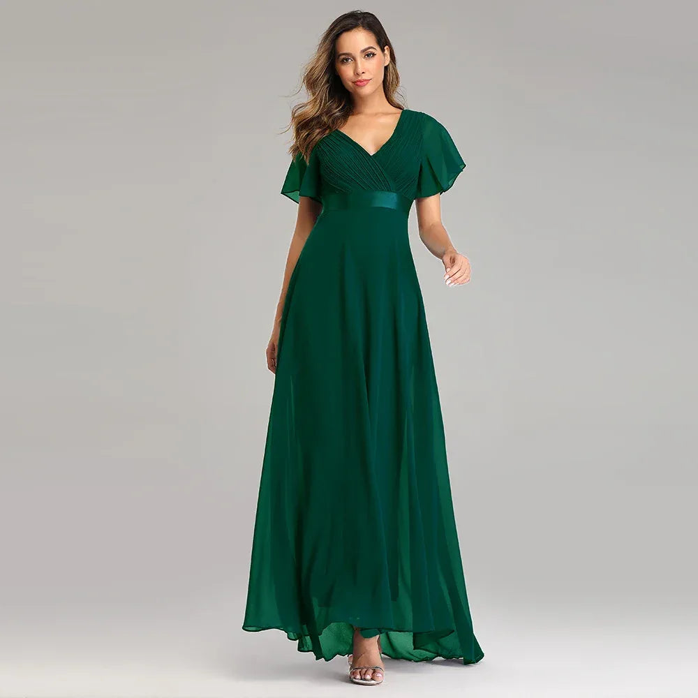 Evening Dresses XUCTHHC Elegant V-Neck Ruffles Chiffon Formal Evening Gown Robe Vestidos De Fiesta Dress for Wedding Party - Luvia