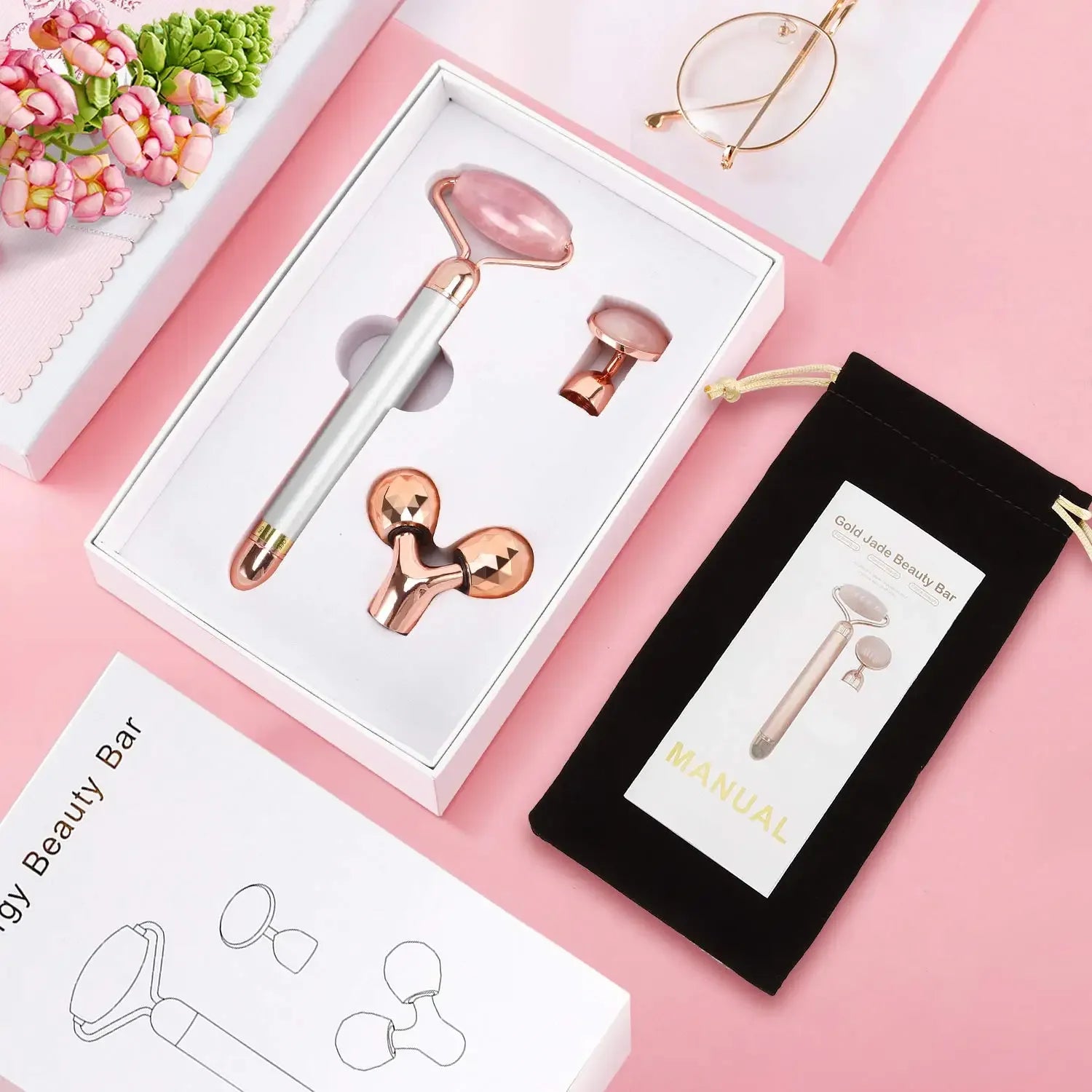 3-in-1 Electric Rose Quartz Jade Roller and Face Massager Set Face Care Tools Eye Massager and 3D Face, Head, Arms,Neck Massager - Luvia
