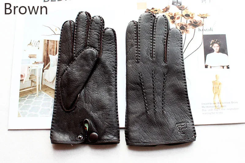 Deerskin Gloves Men's Touch Screen High-Quality Leather 2025 New Hand-Stitched Thin Wool Lining Keeps Warm in Autumn and Winter - Luvia