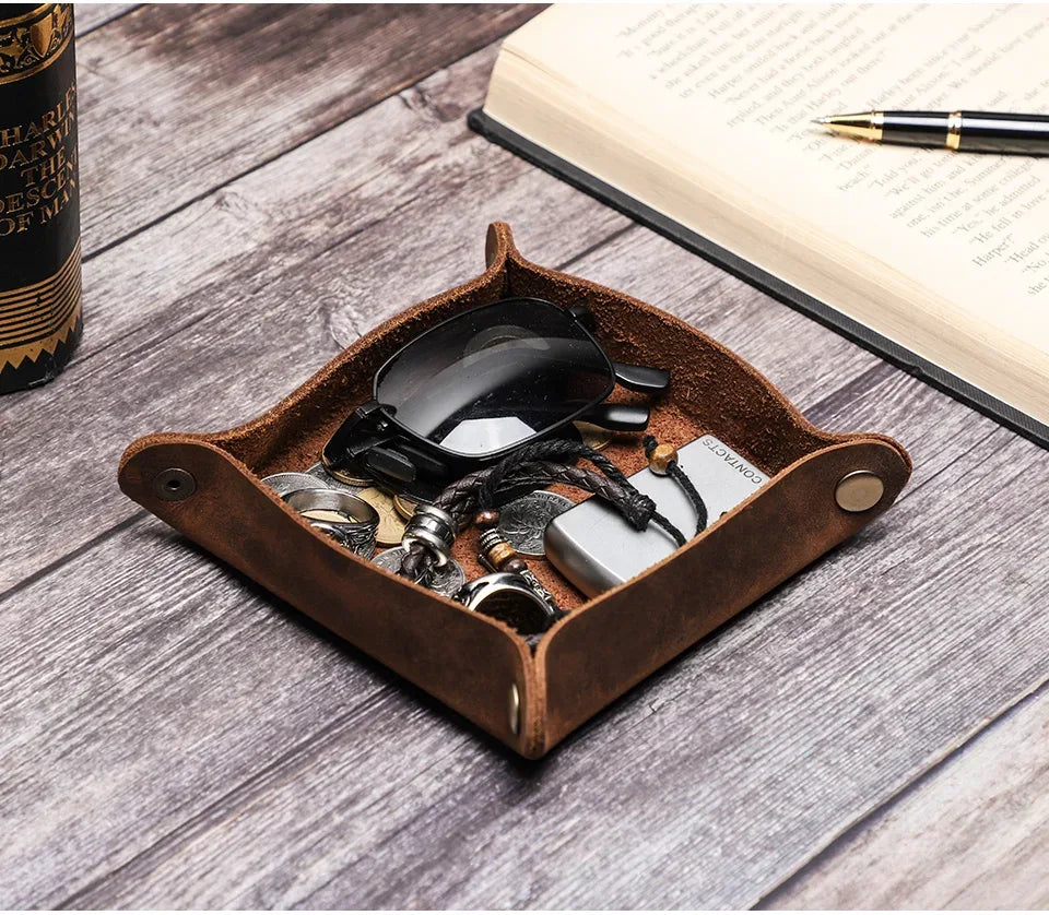 Creative Genuine Leather Valet Snap Tray Home Ofiice Desk Organizer Jewelry Pen Key Coin Desktop Storage Tray Folding Storage - Luvia