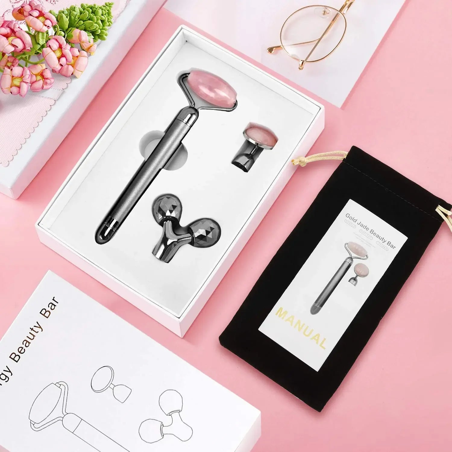 3-in-1 Electric Rose Quartz Jade Roller and Face Massager Set Face Care Tools Eye Massager and 3D Face, Head, Arms,Neck Massager - Luvia
