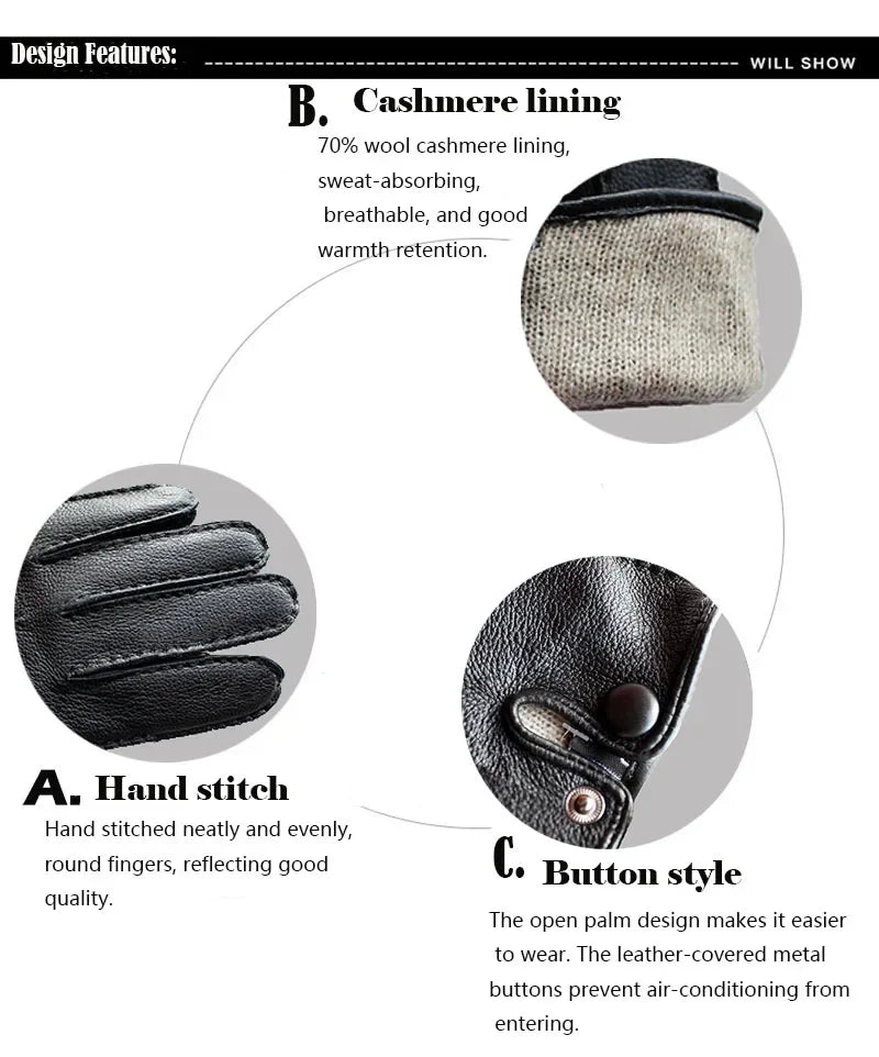 Deerskin Gloves Men's Touch Screen High-Quality Leather 2025 New Hand-Stitched Thin Wool Lining Keeps Warm in Autumn and Winter - Luvia