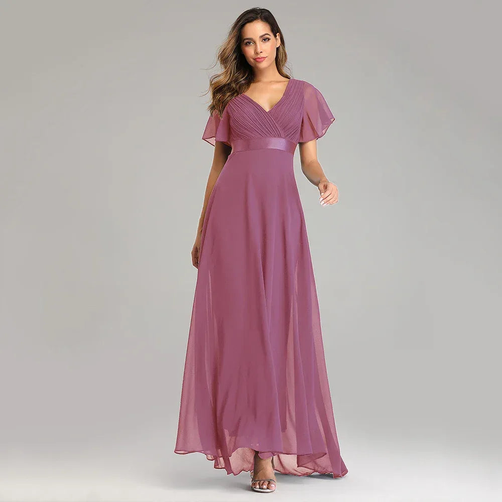 Evening Dresses XUCTHHC Elegant V-Neck Ruffles Chiffon Formal Evening Gown Robe Vestidos De Fiesta Dress for Wedding Party - Luvia