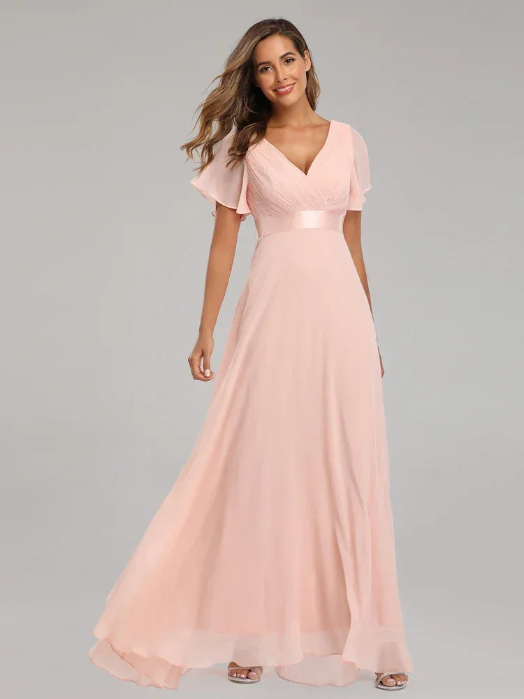 Evening Dresses XUCTHHC Elegant V-Neck Ruffles Chiffon Formal Evening Gown Robe Vestidos De Fiesta Dress for Wedding Party - Luvia
