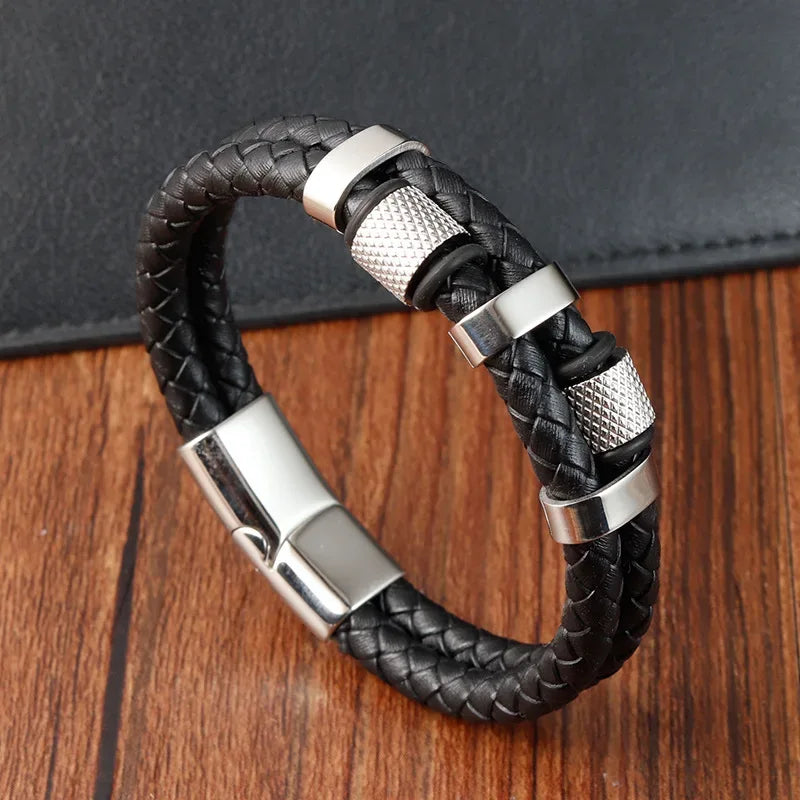Charm Braid Rope Bracelet For Men Stainless Steel Magnetic Buckle Genuine Leather Bracelets & Bangles Male Female Jewelry - Luvia