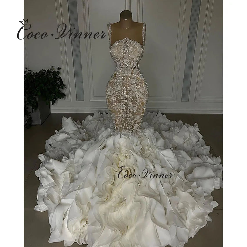 Customized Heavy Beading Luxury Wedding Dress Mermaid Sleeveless Pearls Beaded Appliques Luxury Mermaid Wedding Dresses W1428