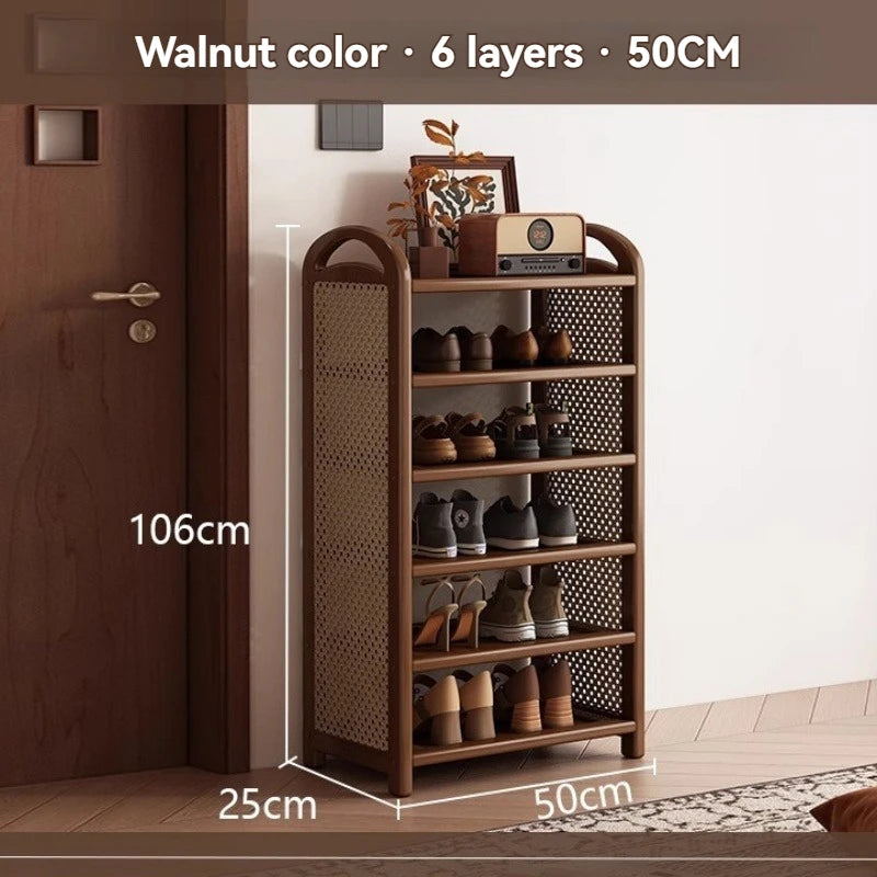 Multi layer shoe rack, retro style rattan woven simple home door shoe cabinet, large capacity storage rack for entrance doors