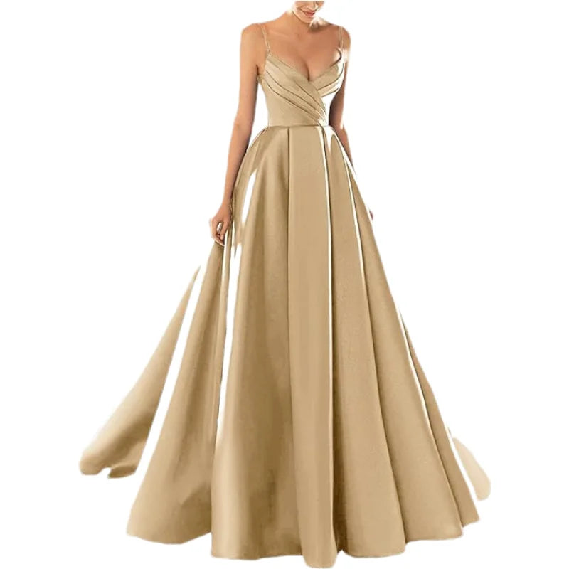 Customized Women's Satin Prom Dresses Formal Gowns Long Spaghetti Strap V-Neck A-line Simple Evening Party Dress with Pockets