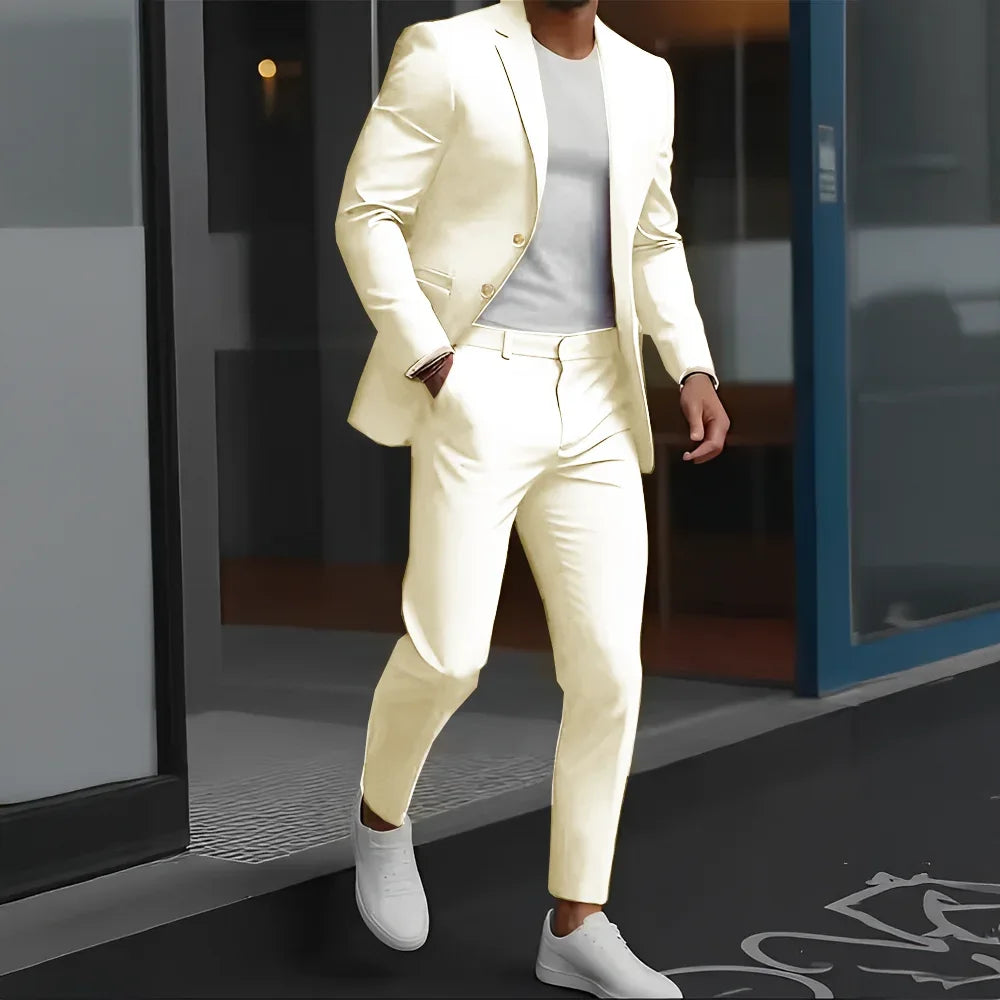 Formal Suit for Mens Business Work Clothes Office Jacket Pants 2-Piece Suit Wedding Groom Tuxedo 2-Button Blazer - Luvia