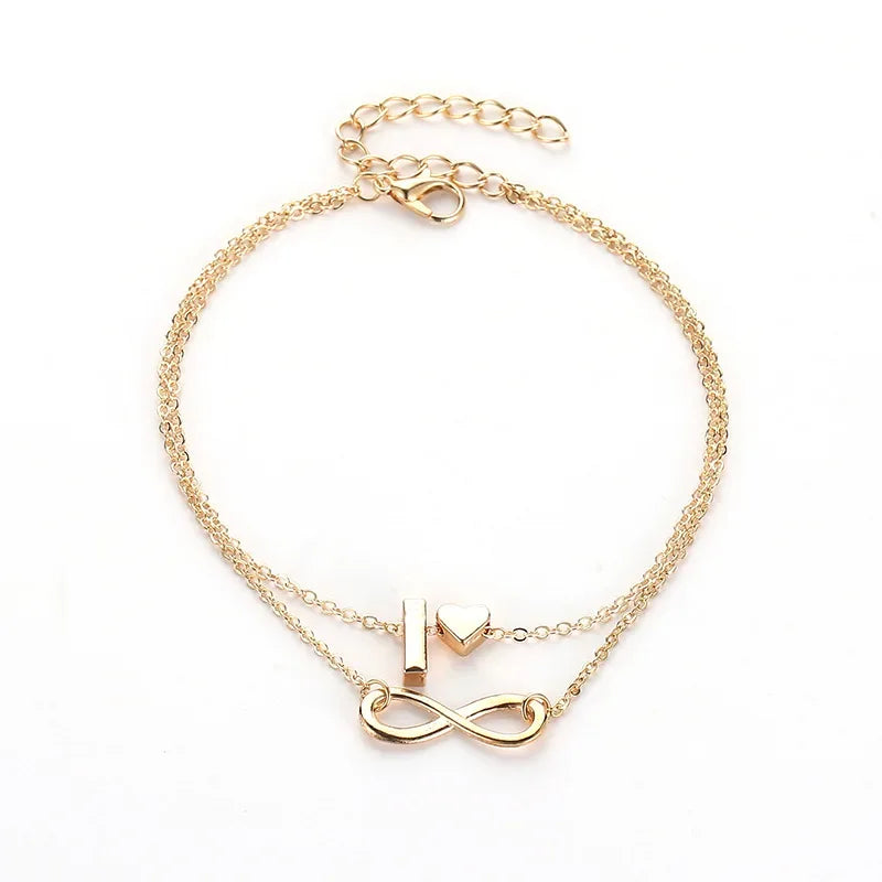 Boho Initial Anklet Heart Infinity Silver Color Ankle Bracelet on Leg Chain 26 Letter Anklets For Women Ankle Beach Foot Jewelry - Luvia