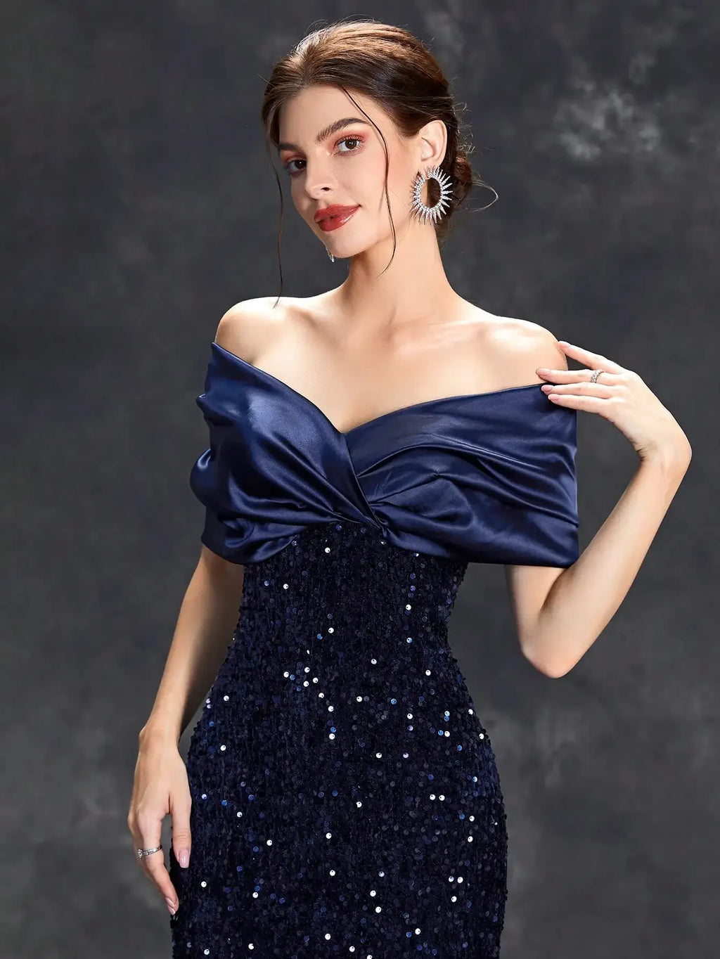 Mgiacy Line neck pleated tint sequin velvet fishtail Dress Evening Gown Ball dress Party dress Bridesmaid dress - Luvia