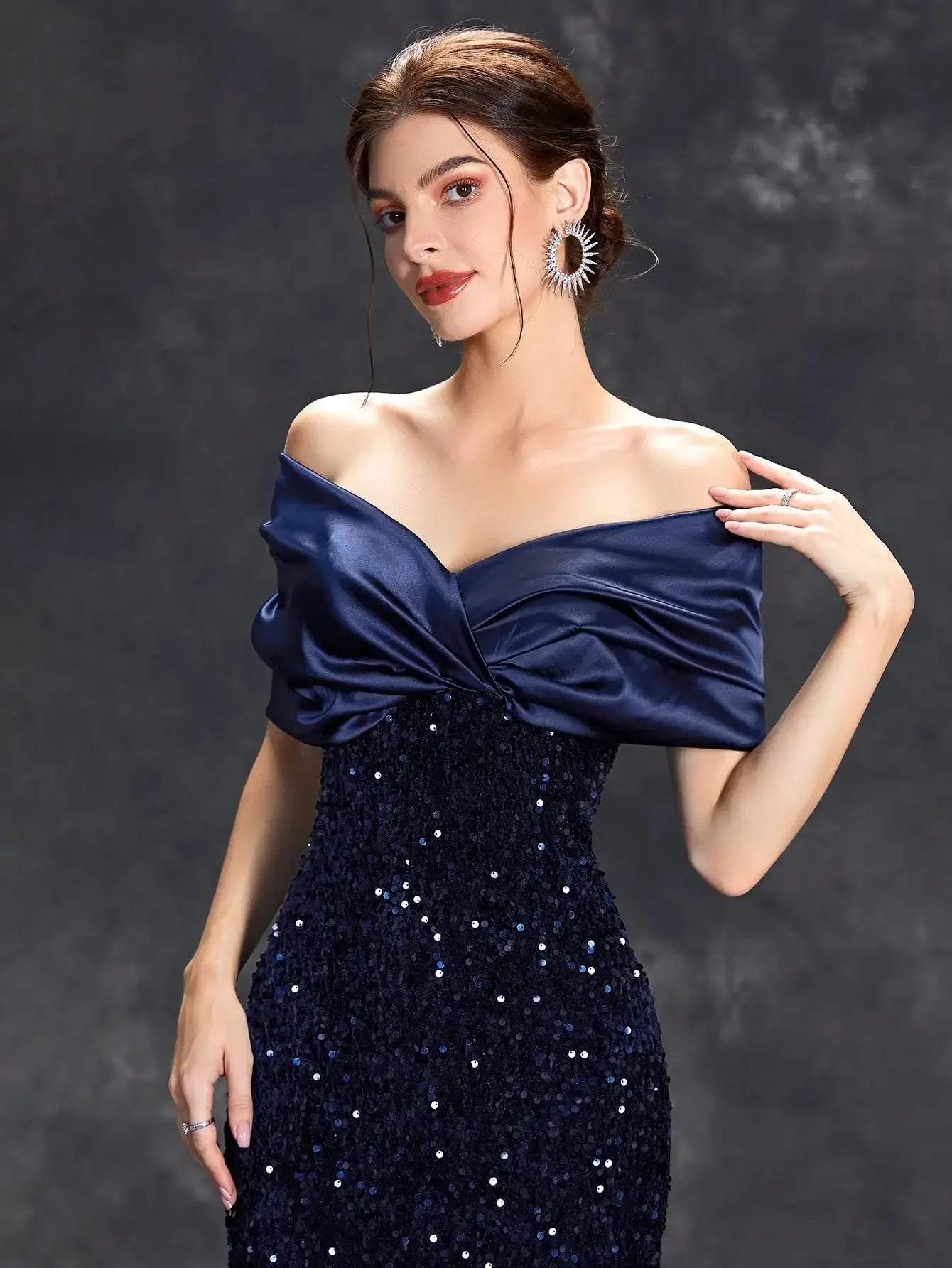 Mgiacy Line neck pleated tint sequin velvet fishtail Dress Evening Gown Ball dress Party dress Bridesmaid dress - Luvia