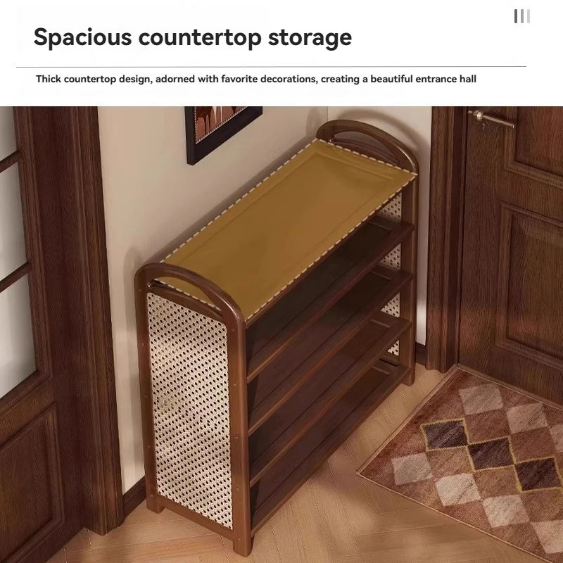 Multi layer shoe rack, retro style rattan woven simple home door shoe cabinet, large capacity storage rack for entrance doors