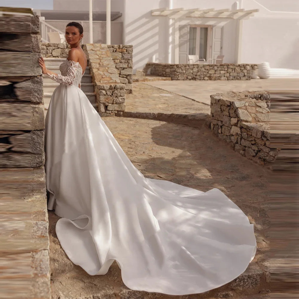 Customized Celebrity A-Line Satin Wedding Dresses For Women Lace Long Sleeves Prom Gowns Formal Lace Applique Vestidos De Novias