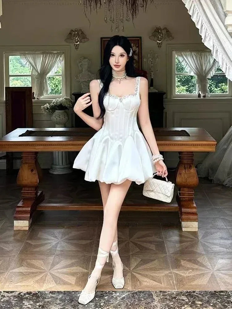 French Elegant Style Evening Party Short Dresses Women Vintage Rhinestone Strap Hepburn Dress Sweet Princess Clothing 2025 New - Luvia