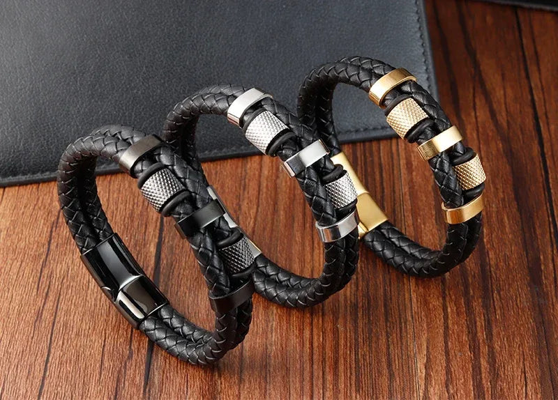 Charm Braid Rope Bracelet For Men Stainless Steel Magnetic Buckle Genuine Leather Bracelets & Bangles Male Female Jewelry - Luvia