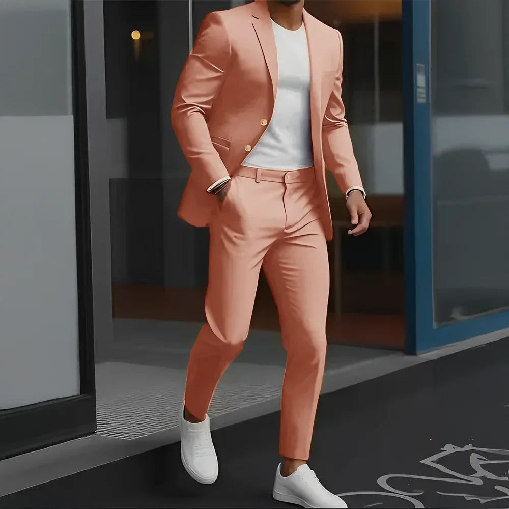 Formal Suit for Mens Business Work Clothes Office Jacket Pants 2-Piece Suit Wedding Groom Tuxedo 2-Button Blazer - Luvia