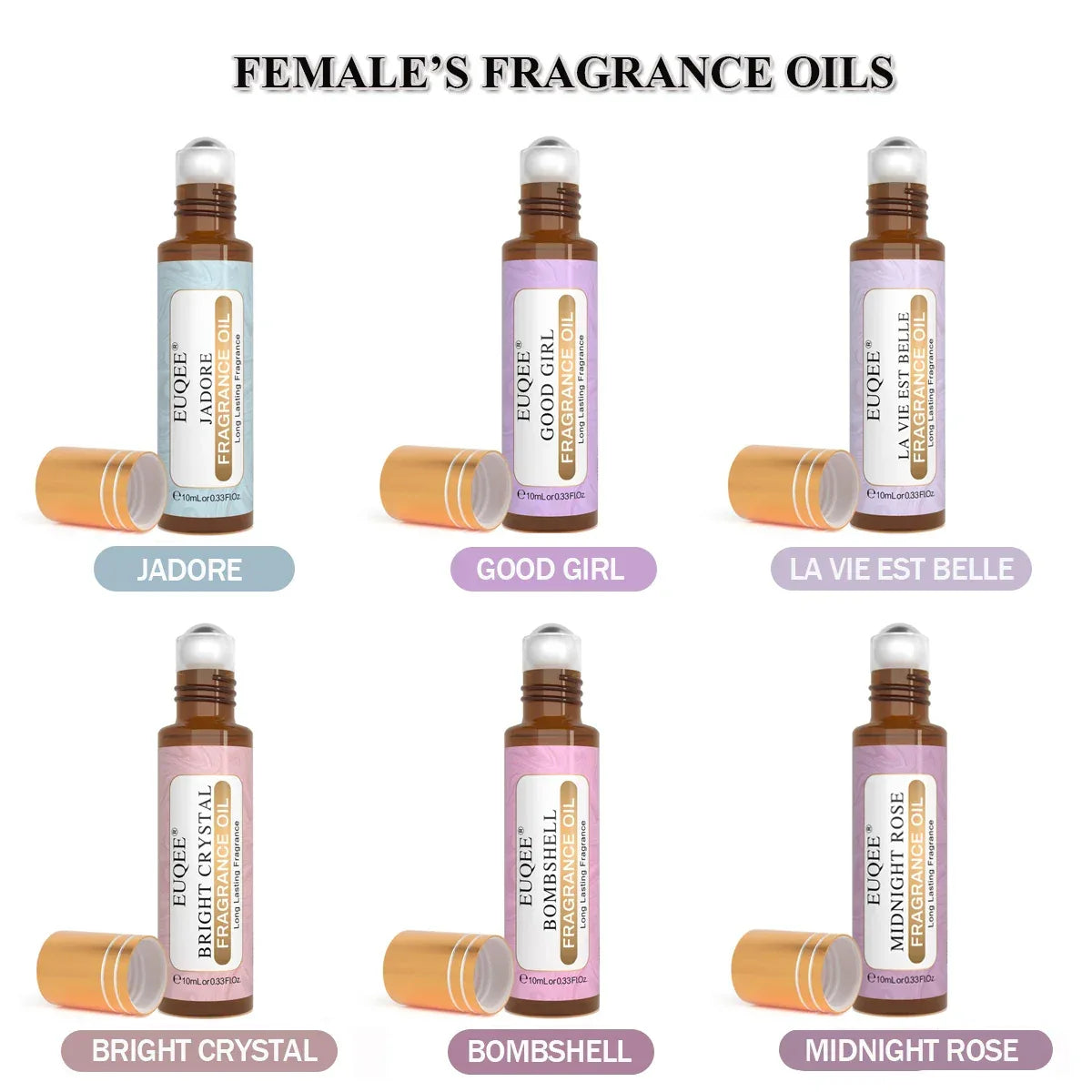 EUQEE 6pcs Fragrance Oils Set For Men & Women 10ml Roller Aroma Oil Good Girl Bright Crystal Coconut Vanilla Angel Strawberry - Luvia