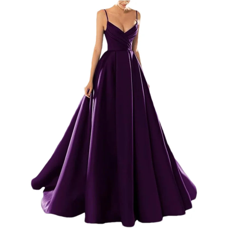 Customized Women's Satin Prom Dresses Formal Gowns Long Spaghetti Strap V-Neck A-line Simple Evening Party Dress with Pockets