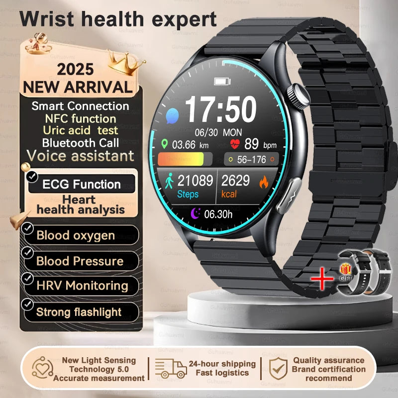 2025 New Body Fat Analysis Health Smart Watch ECG+PPG Uric Acid Lipid Blood Pressure NFC Clock Call Smartwatches For Men Women