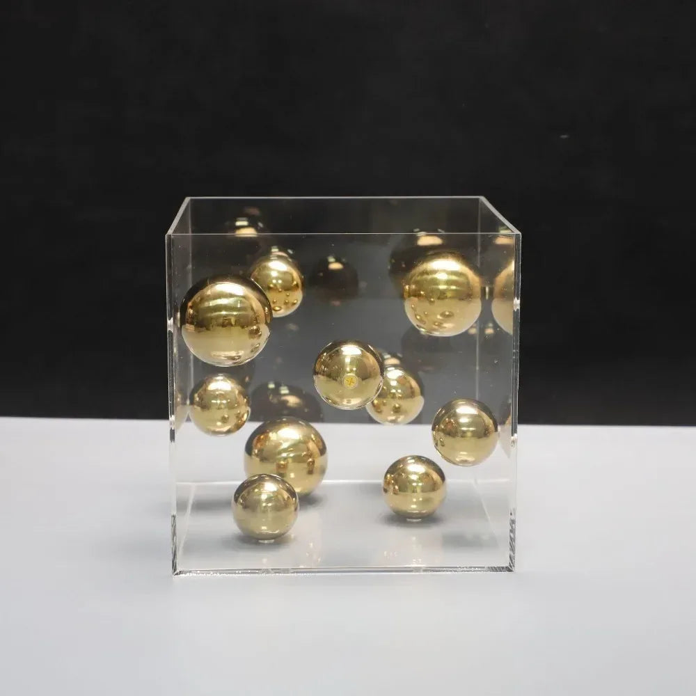 Geometric Metal Ball Art Transparent Acrylic Box Ornaments Modern Minimalist Square Living Room Decorations Desktop Furnishings - Luvia