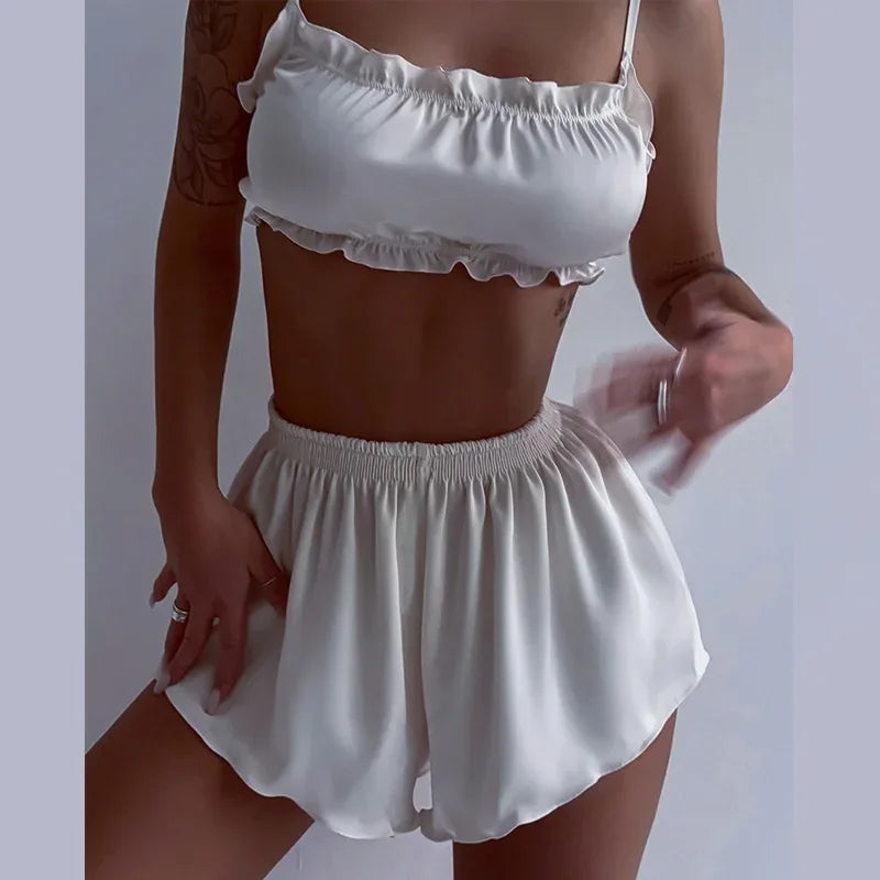 New Ice Silk Sleepwear Sleeveless Camis Female Lingerie Casual Home Clothes Women Fashion Summer Sexy Lady Pajamas 2 Pieces Sets - Luvia