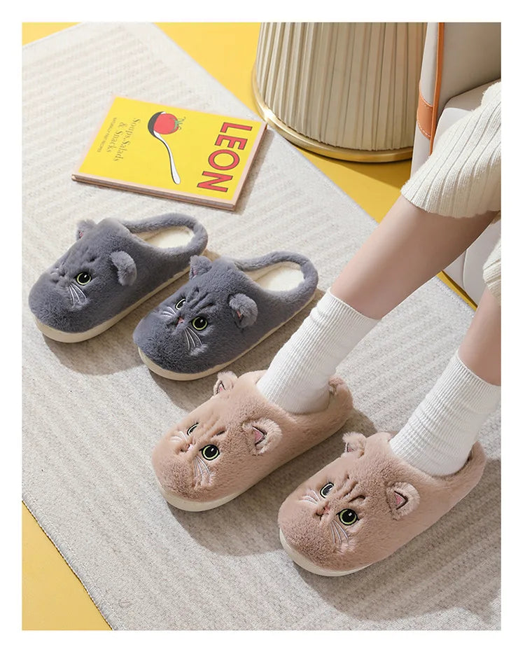Winter Warm Slipper Women House Fuzzy Cat Cartoon Fur Plush Indoor Lazy Female Thermal Home Shoe Furry Funny Flat flip flop