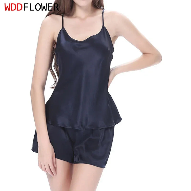 Women 100% Natural Silk 16 momme satin silk Camisole with Shorts Pajama Set Sleepwear M-2XL YM004 - Luvia