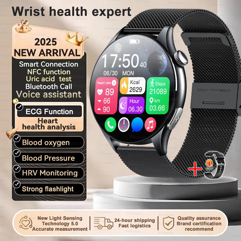 2025 New Body Fat Analysis Health Smart Watch ECG+PPG Uric Acid Lipid Blood Pressure NFC Clock Call Smartwatches For Men Women