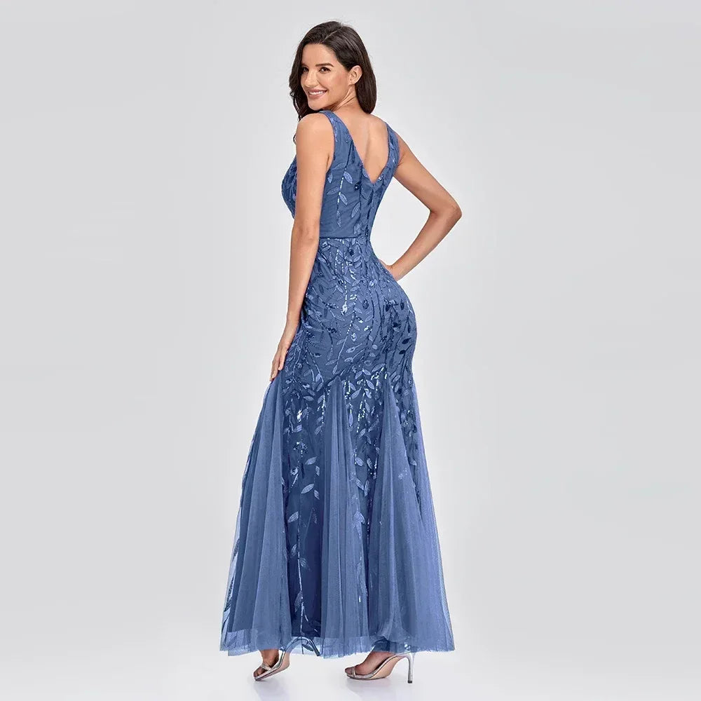 Women's Sleeveless Embroidered Beaded Fabric Evening Gown V Neck Elegant Mermaid Skirt Dress Formal Party Dress Catwalk Stage - Luvia
