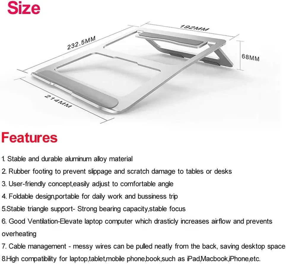 Laptop Tablet Stand Universal Adjustable Aluminium Alloy Foldable Stand Desktop Holder For Macbook 10''-15.6'' Laptop Notbebook - Luvia