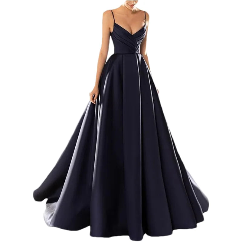 Customized Women's Satin Prom Dresses Formal Gowns Long Spaghetti Strap V-Neck A-line Simple Evening Party Dress with Pockets