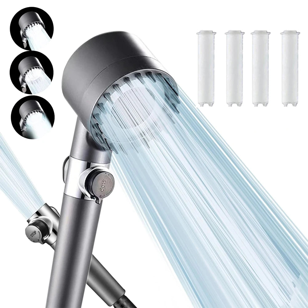 3 Modes Handheld Shower Head with Massage Brush Cotton Filters One-click Stop Water Saving High Pressure Showerhead for Bathroom