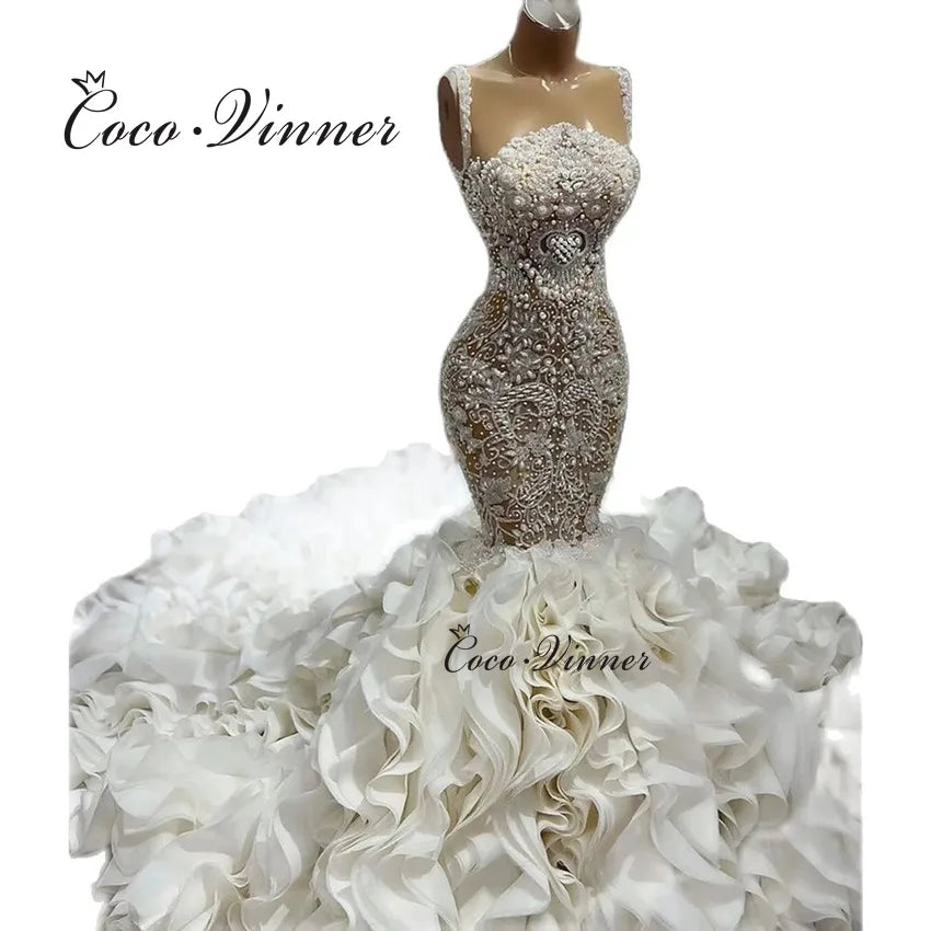 Customized Heavy Beading Luxury Wedding Dress Mermaid Sleeveless Pearls Beaded Appliques Luxury Mermaid Wedding Dresses W1428