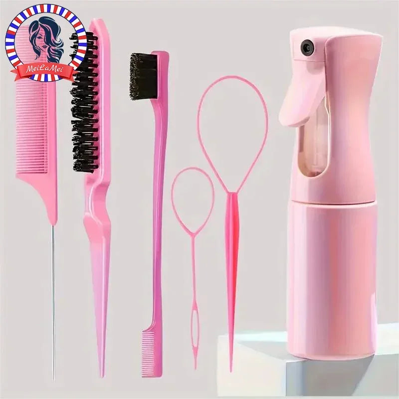 6pcs/Set Hair Brush Set Hairdressing Spray Bottle Hair Braiding Loop Rat Tail Comb Teasing Hair Brsuh Edge Control Hair Brush - Luvia